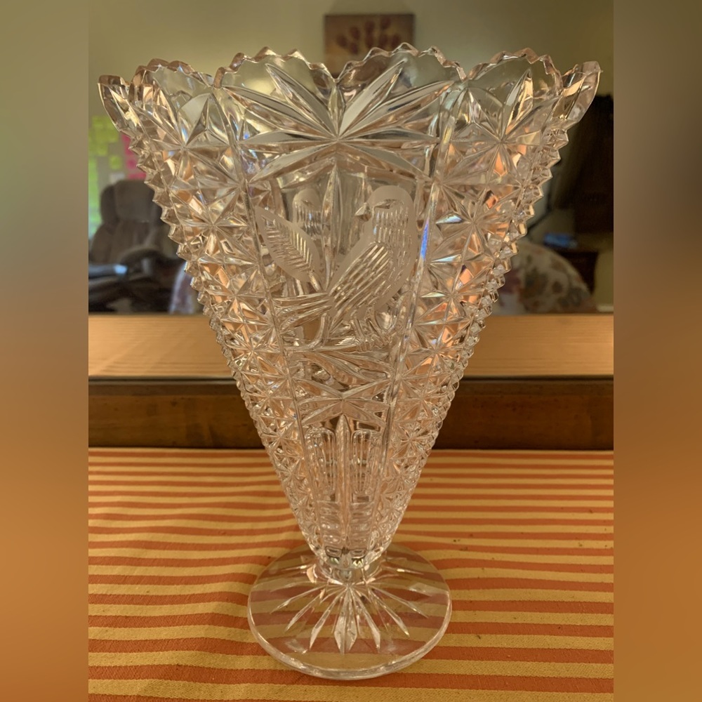 Rare V-Shaped vintage cut glass vase. Measures 9” tall and 7.25 across top.